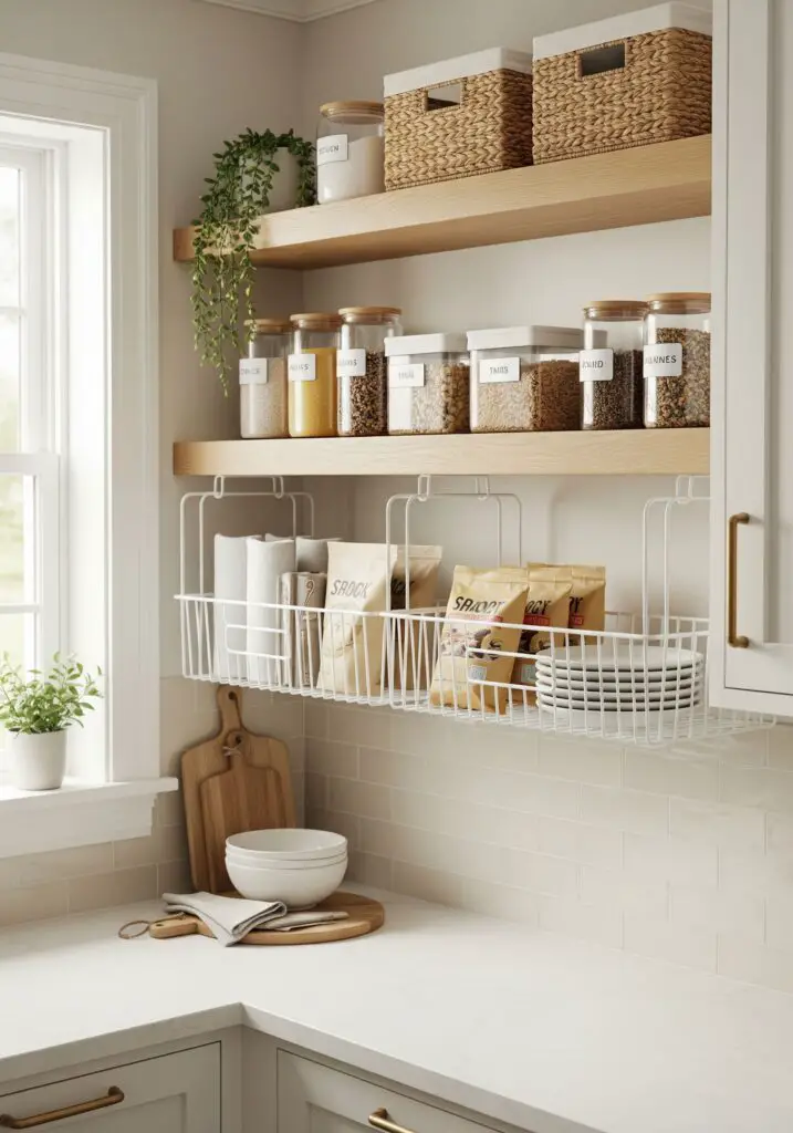 Under-shelf wire baskets installed beneath oak shelving holding folded linen napkins, snack bags and small plates, with labeled jars and woven baskets above and soft daylight filtering across textures.