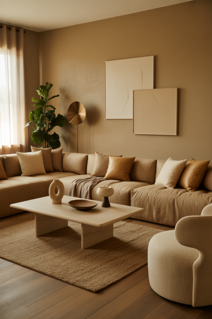 Cozy modern living room in Universal Khaki (Sherwin-Williams SW 6150) with khaki walls, linen sectional, warm oak floors, travertine coffee table, and soft natural light