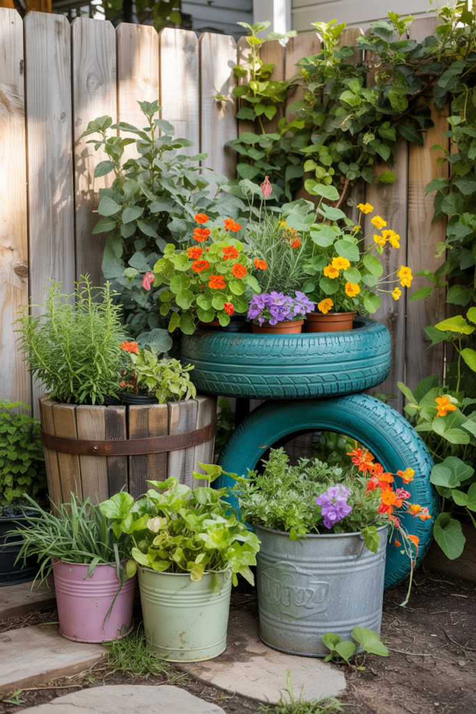 Upcycled container garden with painted buckets, barrels, and tires filled with herbs and flowers, arranged creatively in a sunny backyard.