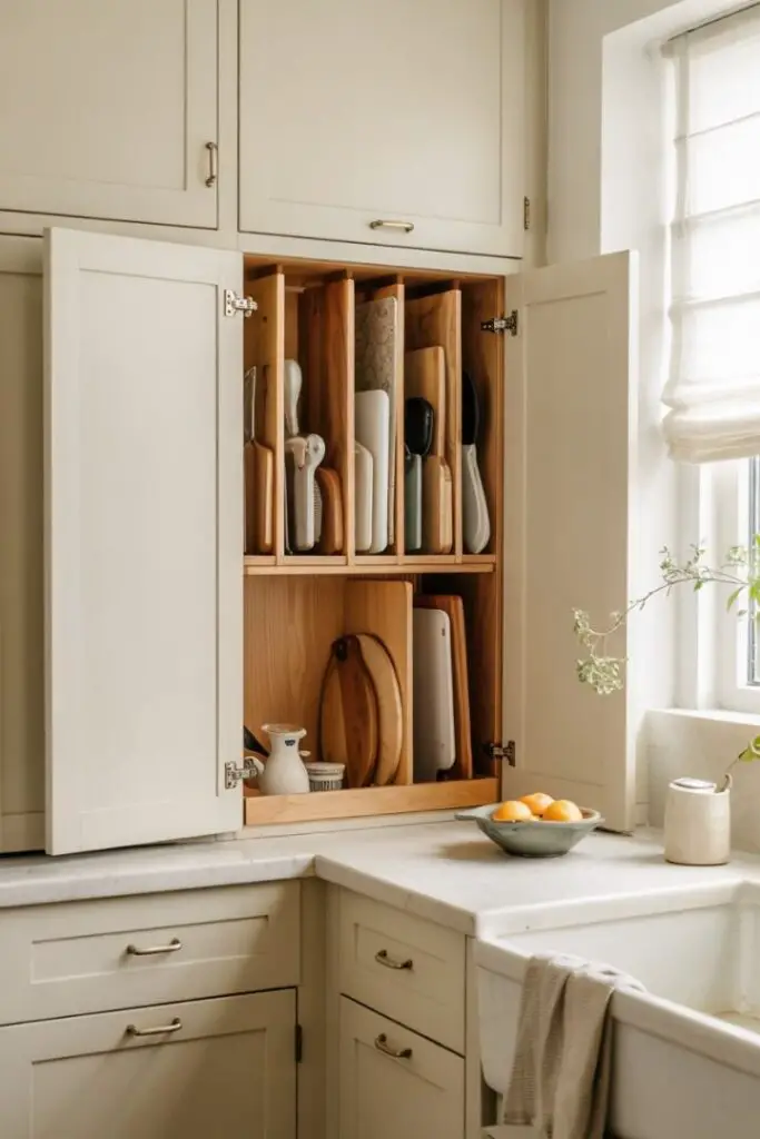 Cabinet with vertical dividers of natural maple holding cutting boards, baking sheets, cooling racks and trays upright for easy access; creamy shaker cabinetry, marble-look countertop and soft daylight highlighting wood grain.