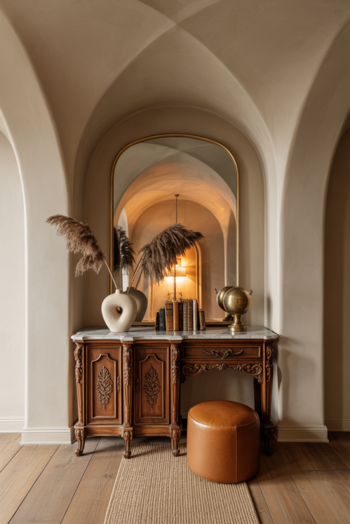 Entryway with antique statement console, sculptural accents, heritage colors, and cozy-luxe refined design.