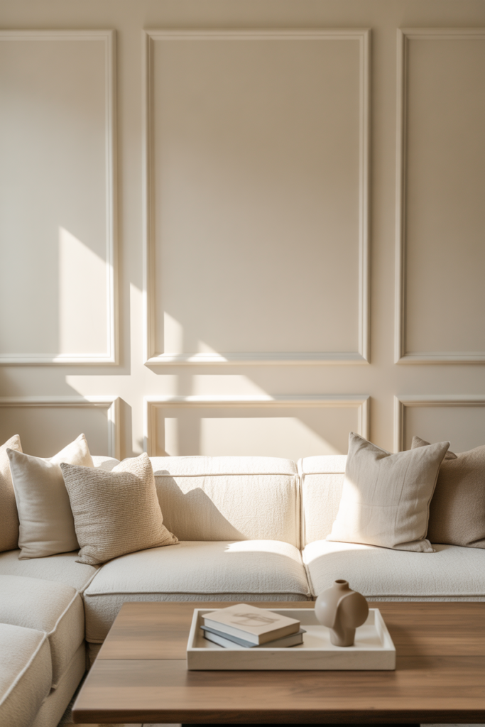 Living room with temporary adhesive wall moldings, neutral sofa, warm lighting.