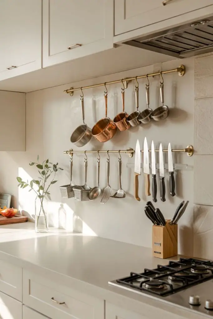 Wall-mounted rail with hooks holding utensils and small pans, a sleek magnetic knife strip with aligned blades, above a clear countertop and artisan tile backsplash.