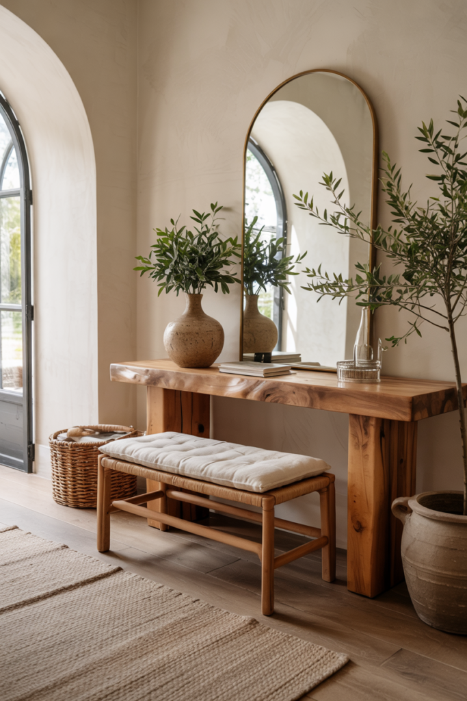 Warm natural materials foyer with wood console, travertine accents, earthy textures, and cozy modern luxury atmosphere.