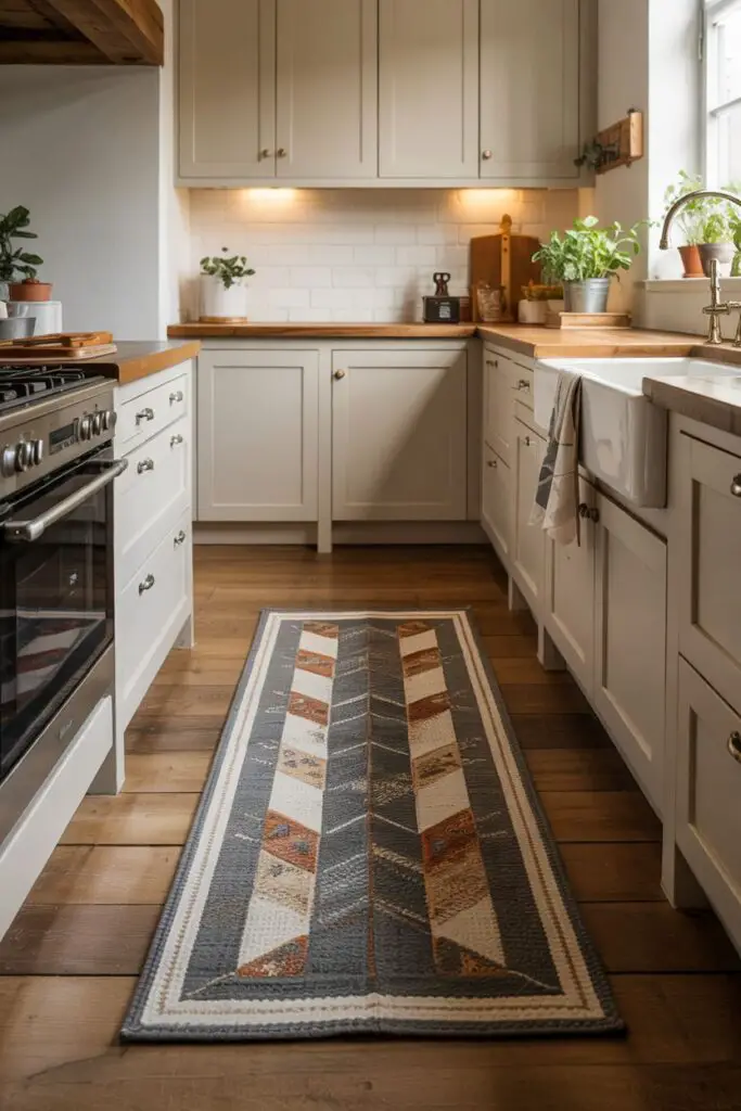 Modern transitional kitchen with a long washable flatweave runner in muted geometric tones laid along the sink run, layered over warm oak floors, creating a cozy, durable, and freshly refreshed look.