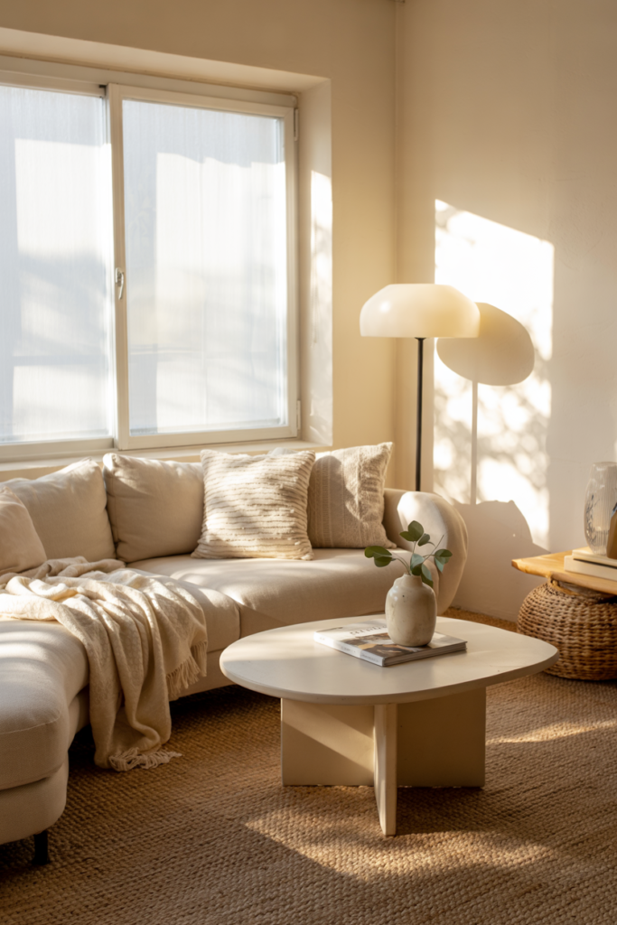 Living room with subtle window film, diffused natural light, neutral décor, and renter-friendly privacy and light-softening upgrade.