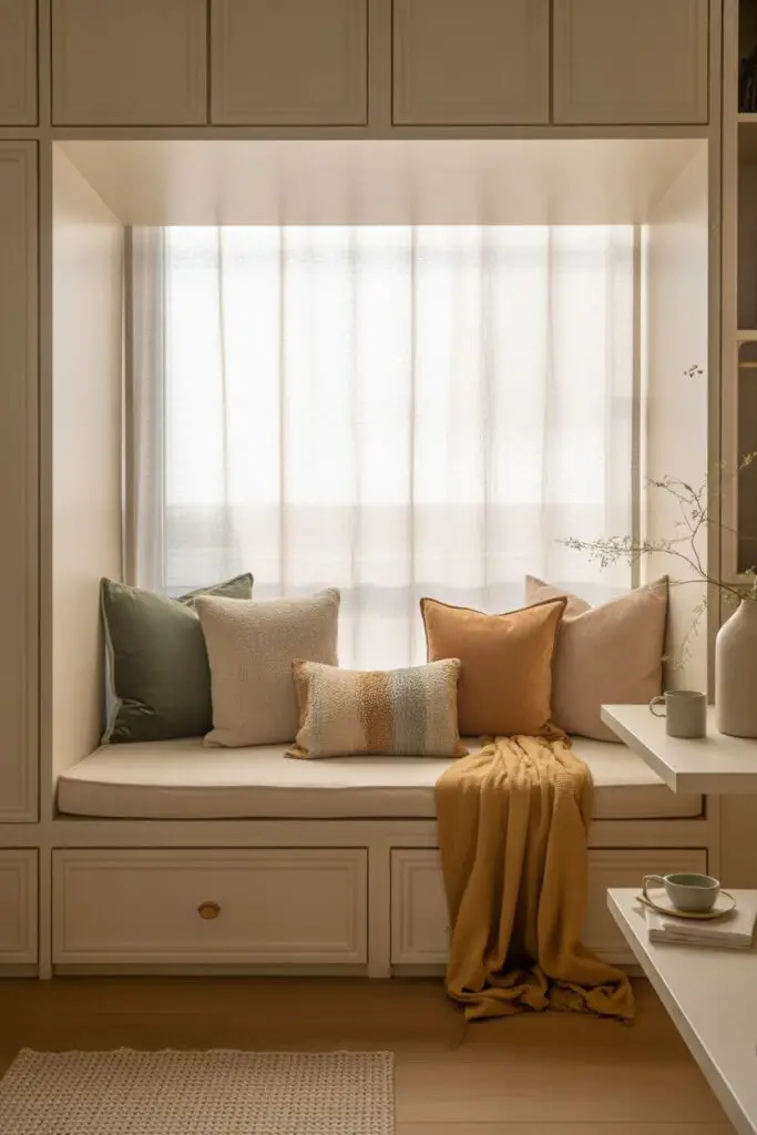 Sun-filled window seat nook with a built-in cushioned bench, layered neutral pillows, soft throws, and warm natural light in a cozy alcove.