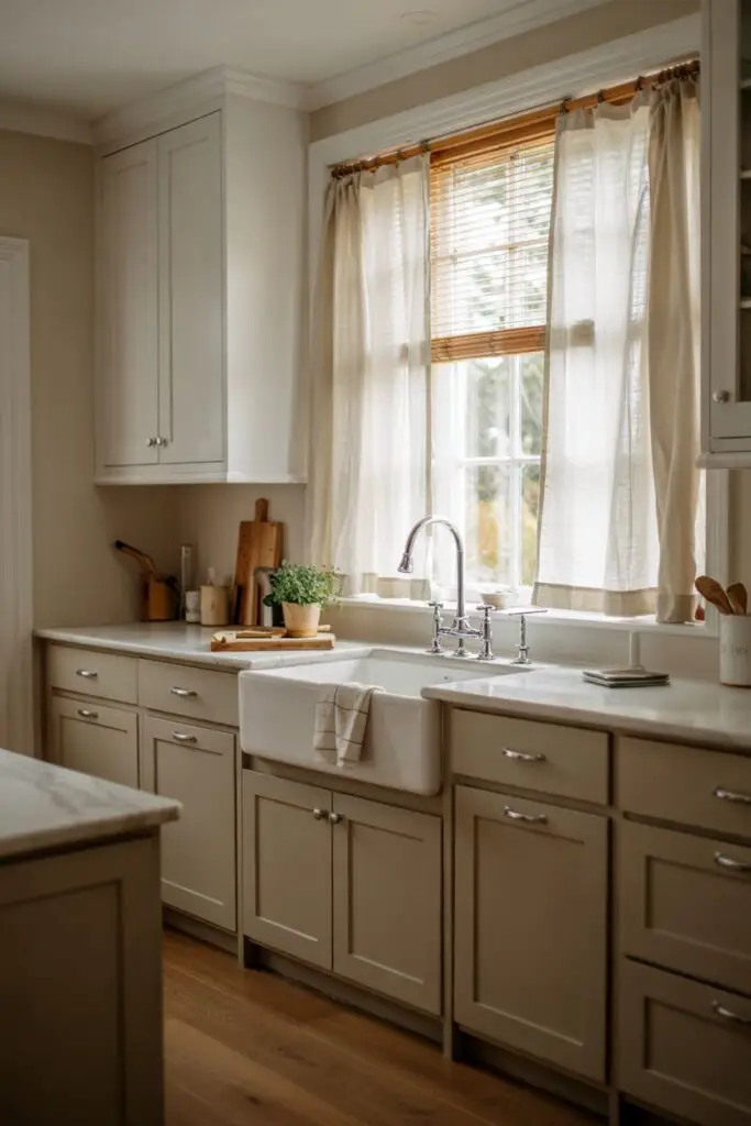 Modern transitional kitchen with sheer linen curtains and bamboo blinds on a sunlit window above the sink, brightening the space and enhancing the freshly refreshed look.