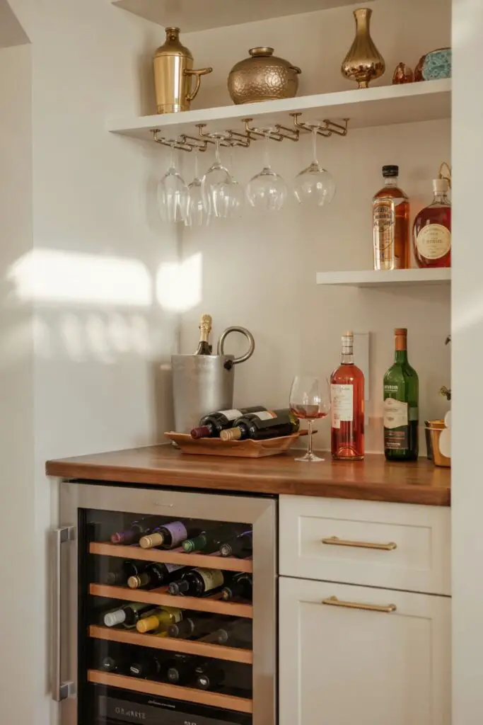 Mini kitchen wine and beverage nook with a small wine fridge, hanging glass rack, brass bar tools, fresh herbs, and countertop glasses creating a chic, functional corner.