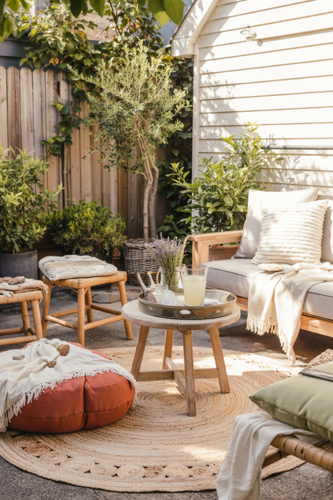 Backyard outdoor rug with layered cushions and throws creating a cozy living-room-style social area.