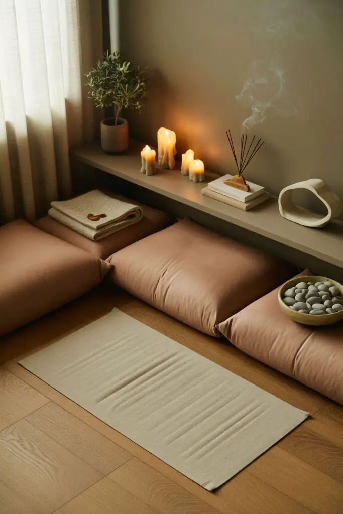 Peaceful meditation nook with layered yoga cushions, neutral mats, glowing candles, and soft natural light creating a calm home sanctuary.