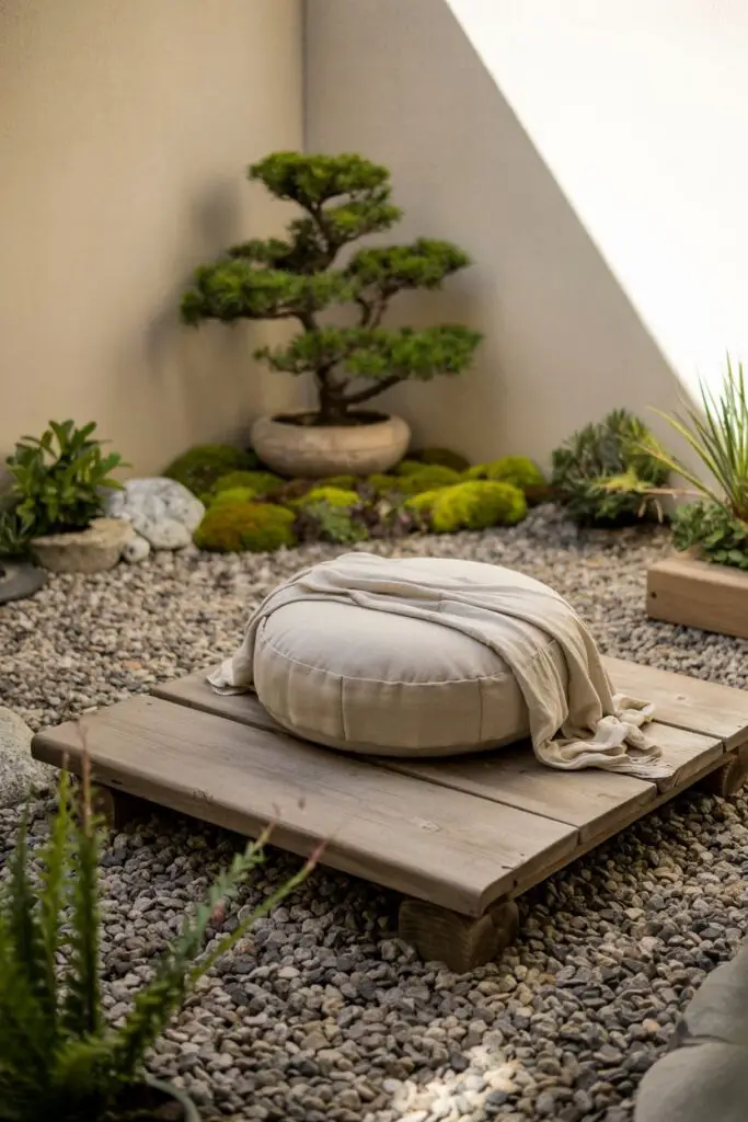 Minimalist Zen garden nook with a meditation cushion, low wooden deck, raked gravel, bonsai plants, and subtle natural details creating a peaceful outdoor retreat.