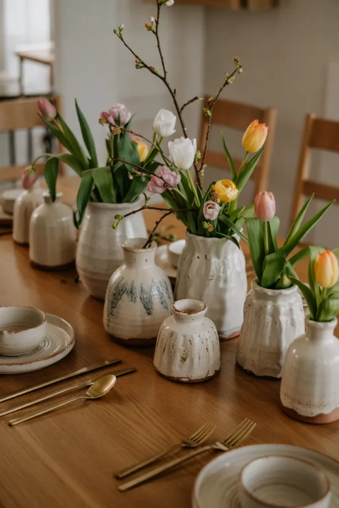 Spring tablescape featuring artisanal speckled ceramics, handcrafted plates and vases, soft linen textures, earthy neutral tones, and natural spring florals on a warm wood dining table.