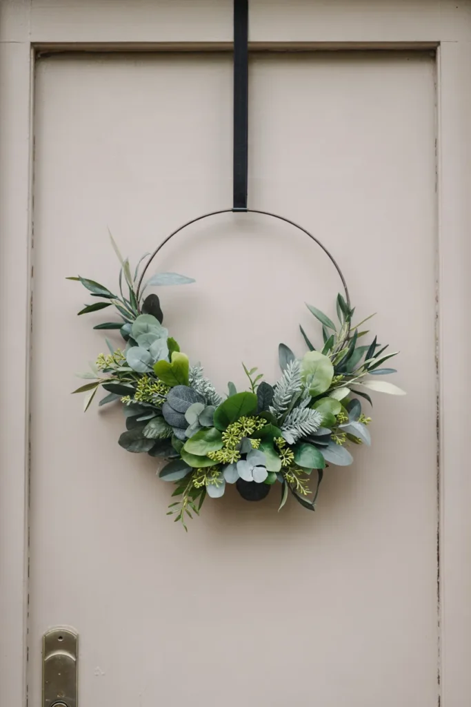 Asymmetrical greenery spring wreath with a half-decorated metal hoop and negative space hanging on a closed front door in a modern cozy style.