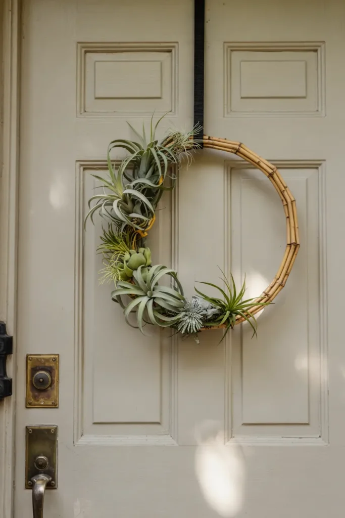 Bamboo circle wreath with air plants in a modern tropical spring style hanging on a closed front door with a clean, sculptural look.