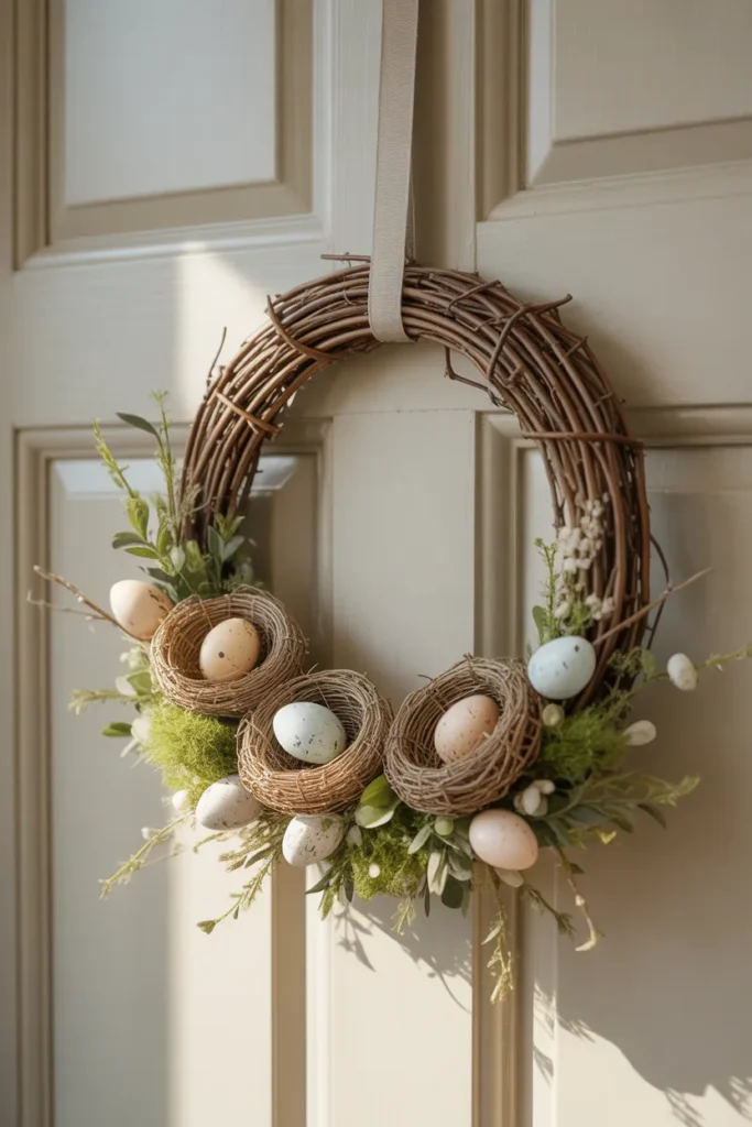 Nature-inspired spring wreath with small bird’s nests and pastel eggs hanging on a closed front door in a cozy, cute cottage-style entryway.