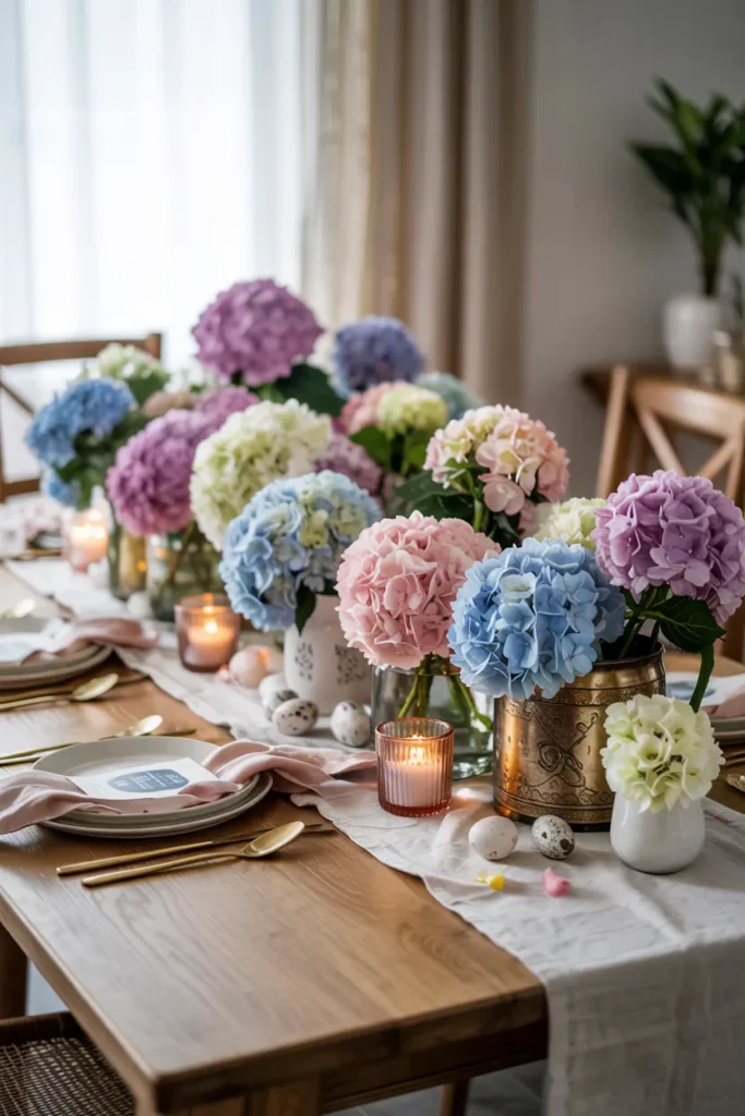 Spring tablescape featuring abundant hydrangeas in low vases, pastel napkins, white plates, gold flatware, and subtle greenery on a light wood table in a sunlit dining room.