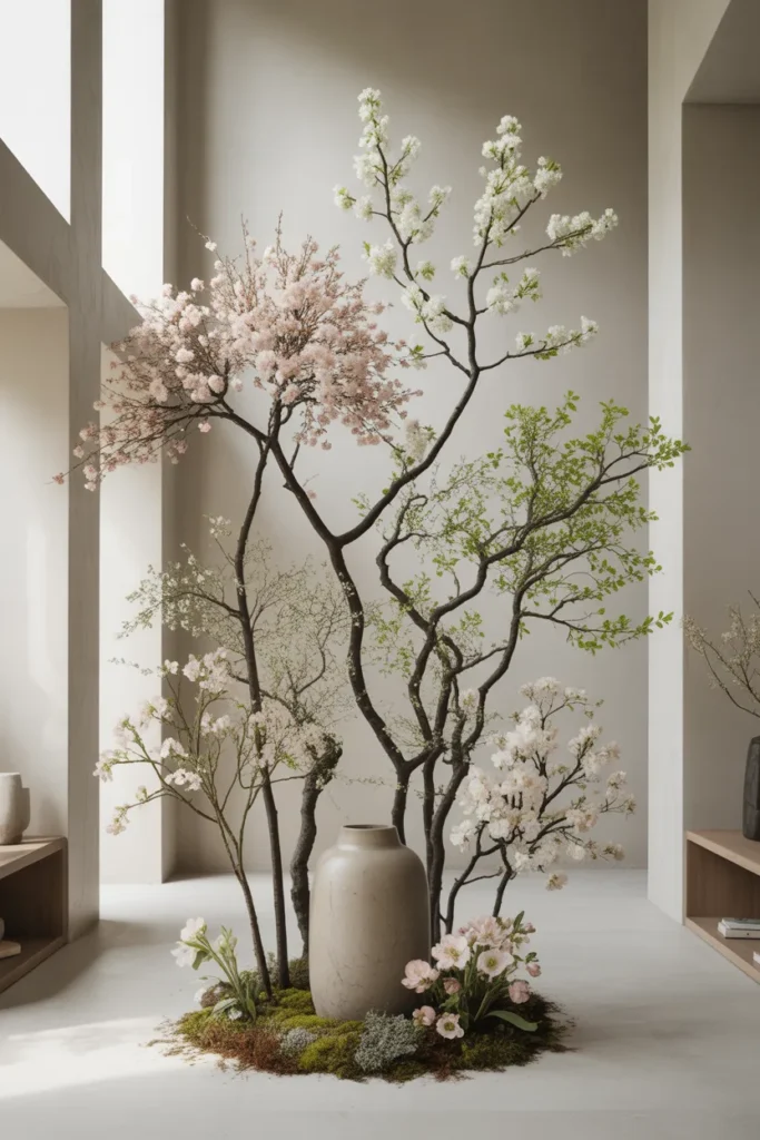 Tall cherry blossom branch arrangement in a floor vase with minimal base flowers, creating vertical spring drama in a modern interior.
