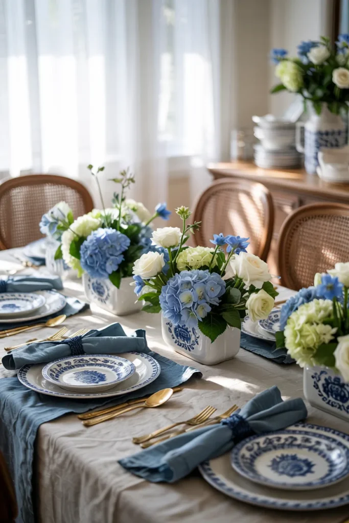 Classic blue-and-white spring tablescape with heirloom transferware, hydrangea and delphinium centerpiece, pale seafoam napkins, brushed silver flatware, and crystal glassware on an ivory linen-draped table in a sunlit dining room.