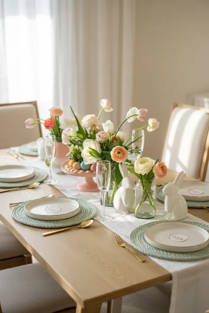 Bold pastel Easter brunch tablescape with coral and mint accents, featuring spring florals, gold flatware, pastel linens, and modern Easter decor on a light wood dining table in a sun-filled home.