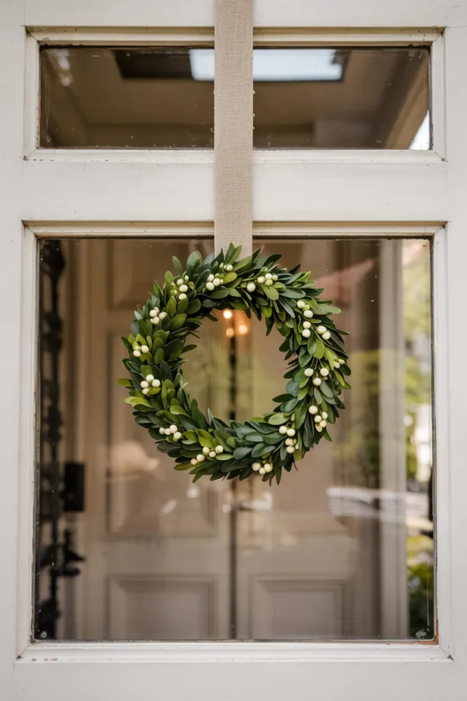 Vintage-style spring wreath with boxwood greenery and white berries hanging on a closed front door, styled in a timeless and cozy entryway.