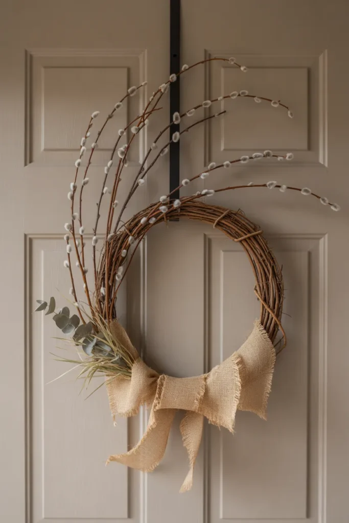 Neutral spring wreath with burlap ribbon and pussy willow branches hanging on a closed front door, styled in a cozy rustic farmhouse aesthetic.