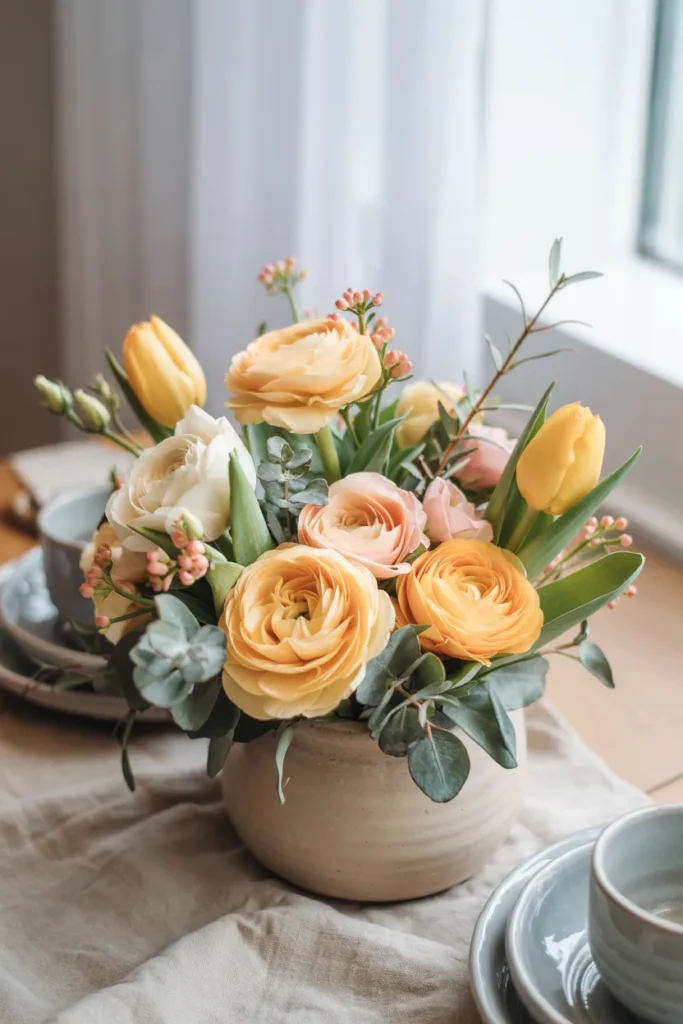 Butter yellow and sage green spring bouquet in a ceramic vase, styled in soft natural light with cozy pastel tones and fresh seasonal flowers.