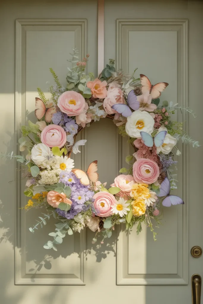 Spring butterfly garden wreath with pastel blooms and fluttering butterfly accents hanging on a closed front door in a cozy, cheerful entryway.