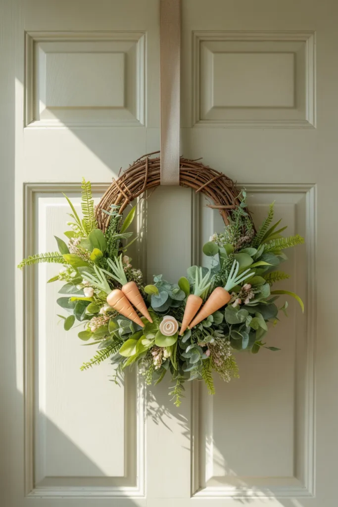 Playful Easter wreath with decorative carrots and fresh greenery hanging on a closed front door, styled for a cozy spring brunch entryway.