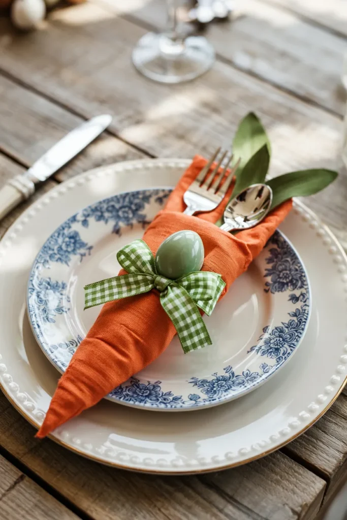 Carrot-shaped orange napkin holding green fork and spoon, tied with gingham ribbon, placed on blue floral plate over white embossed charger on rustic wooden table.
