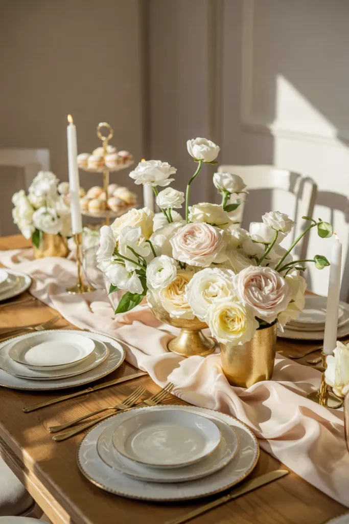 Champagne and white luxe Easter brunch tablescape with satin champagne linens, white porcelain with gold rims, gold flatware, ivory florals, crystal glassware, and tapered candles on a warm wood table in soft daylight.