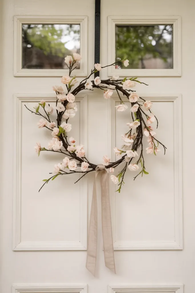 Soft pink cherry blossom spring wreath with delicate branches hanging on a closed front door, styled in a dreamy, cozy spring entryway aesthetic.