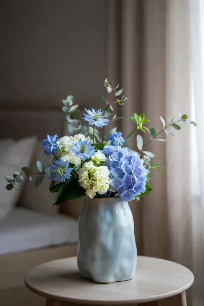 Cool blue and silver spring floral arrangement with hydrangeas and eucalyptus in a minimalist vase, styled in soft natural light.