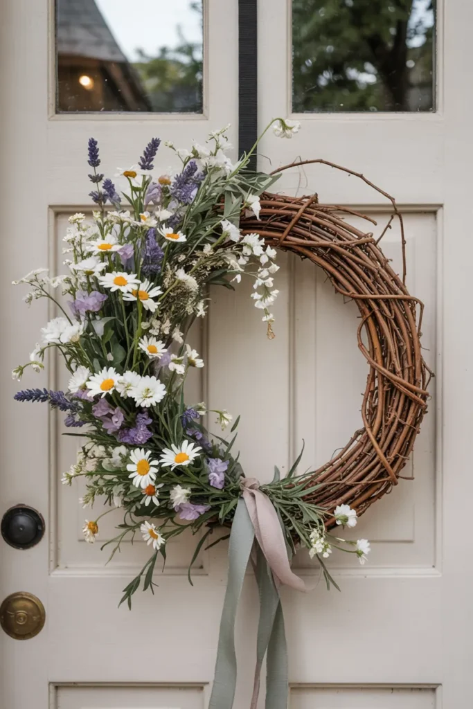 Cottagecore spring wreath with daisies, lavender, and baby’s breath on a grapevine base hanging on a closed front door in a cozy wildflower style.