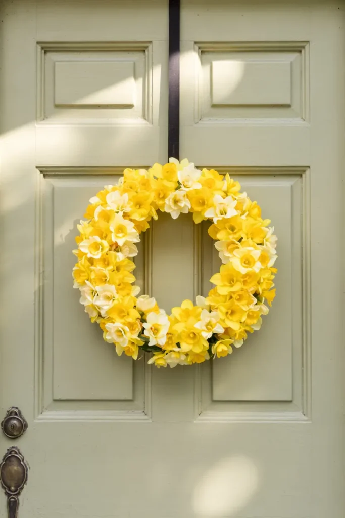 Bright yellow daffodil spring wreath in a circular ring design hanging on a closed front door, styled in a cheerful and cozy spring entryway.