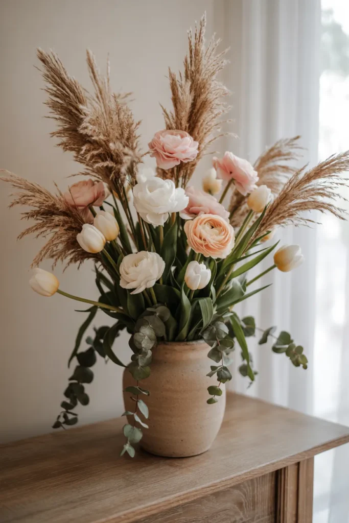 Spring flower arrangement combining dried pampas grass with fresh pastel blooms in a neutral ceramic vase, styled in warm natural light.