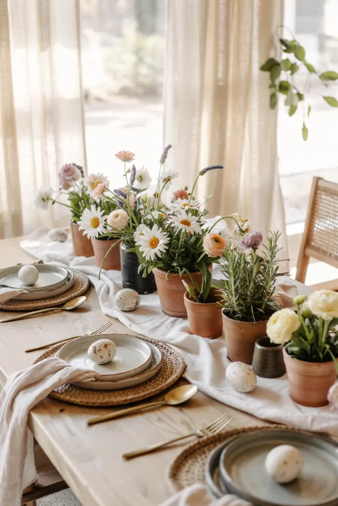 Earthy spring tablescape with terracotta pots and pastel linens, featuring soft spring florals, rustic table styling, warm neutral tones, and cozy Easter-inspired decor in a sunlit dining room.
