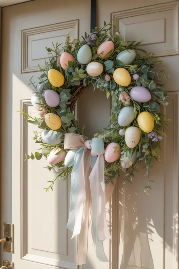 Easter spring wreath with pastel eggs and soft ribbons hanging on a closed front door, styled in a cheerful and cozy holiday entryway.
