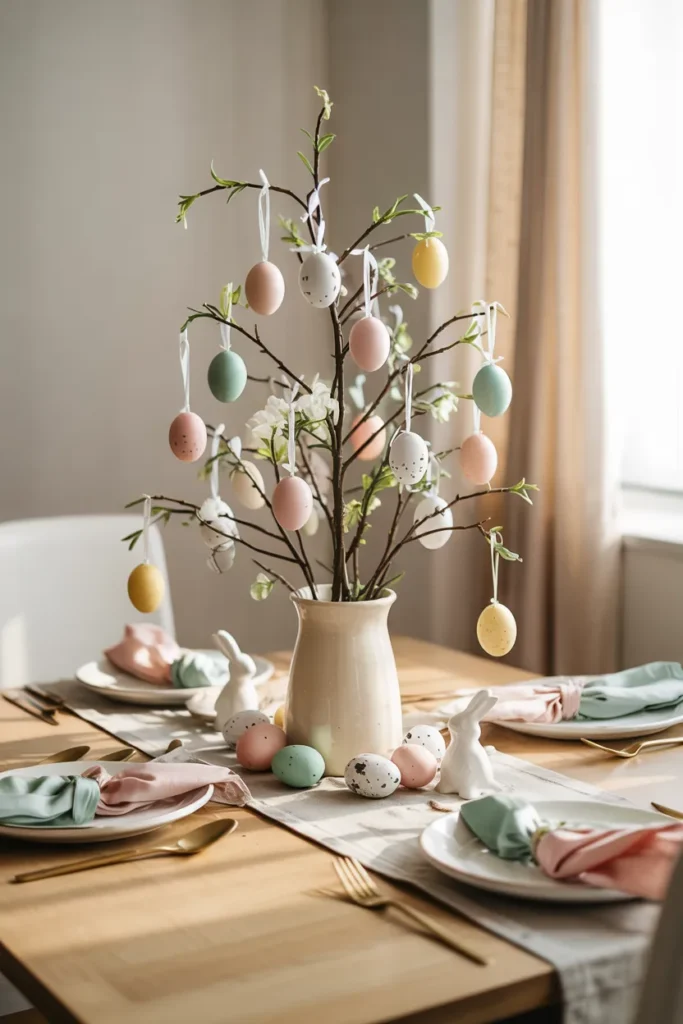 Spring tablescape with an Easter egg tree centerpiece, hanging pastel eggs on branches, small floral accents, speckled eggs, pastel napkins, and light wood dining table in bright sunlit room.