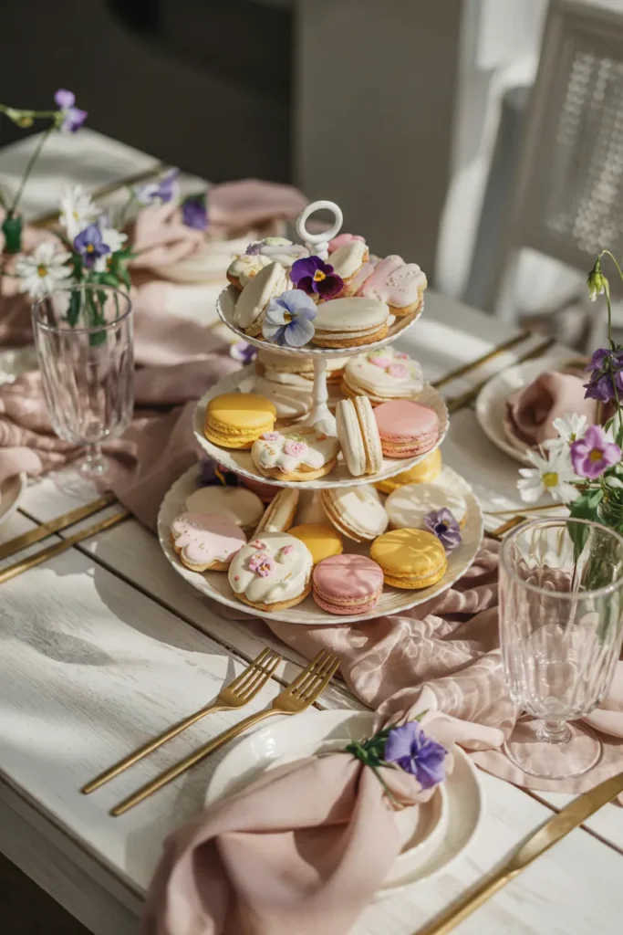Elegant spring tablescape with edible centerpiece featuring pastel macarons, decorated cookies, edible flowers, soft linens, and light gold accents on a bright brunch table.