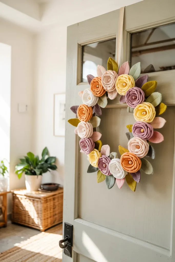 Handmade felt flower wreath with layered pastel blossoms hanging on a sage green front door, styled as cozy spring entryway décor.