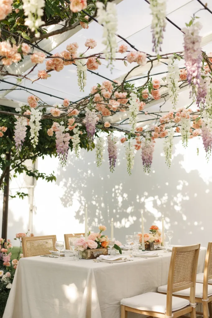 Floating spring floral installation with suspended pastel flowers and greenery above a patio, creating a dreamy overhead party decor.