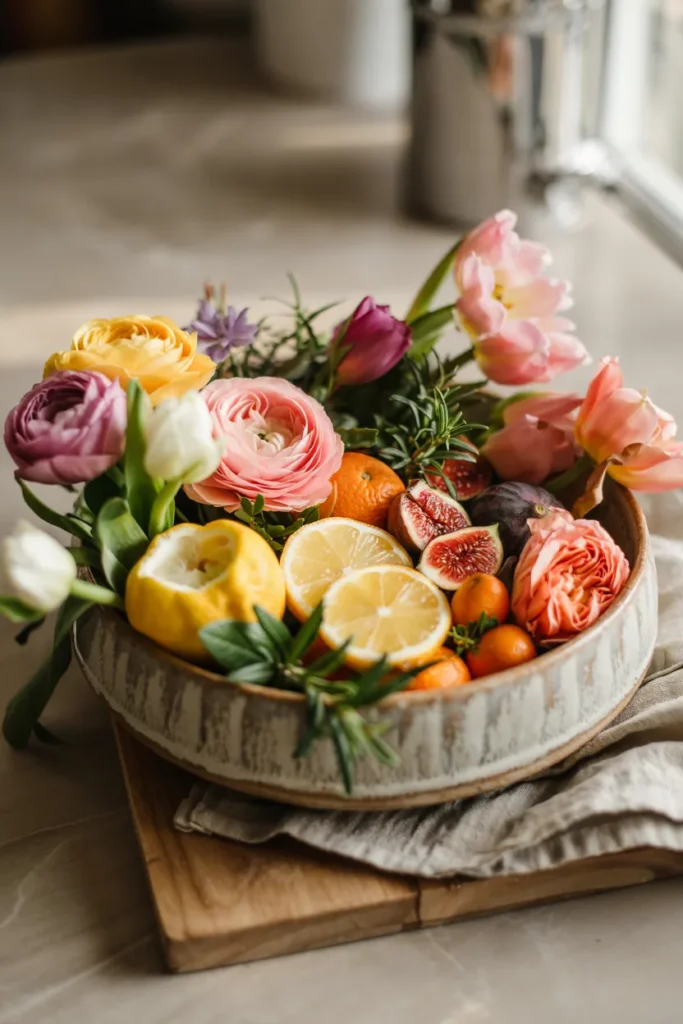 Spring floral arrangement mixing citrus fruit, herbs, and pastel flowers in a rustic bowl on a sunlit table.