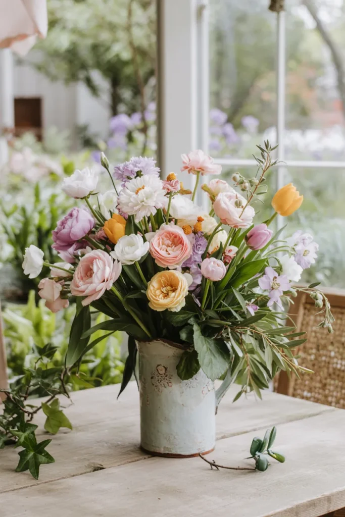 Cottage-style spring flower arrangement with soft garden blooms and wild greenery in a sunlit rustic setting.