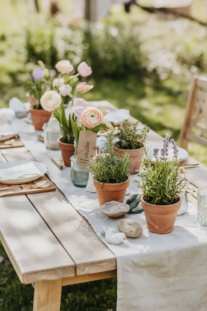 Spring garden-party tablescape with small potted herbs and succulents as place-favor centerpieces, white plates, sage napkins, gold flatware, and fresh blooms on a light wood table in sunlit setting.