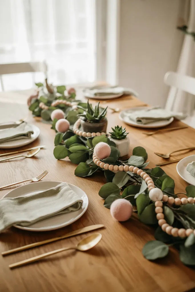 Spring tablescape featuring a layered natural garland runner with eucalyptus, felt balls, and beads, off-white plates, blush and sage napkins, gold flatware, and clear glassware on a light wood table in sunlit dining room.