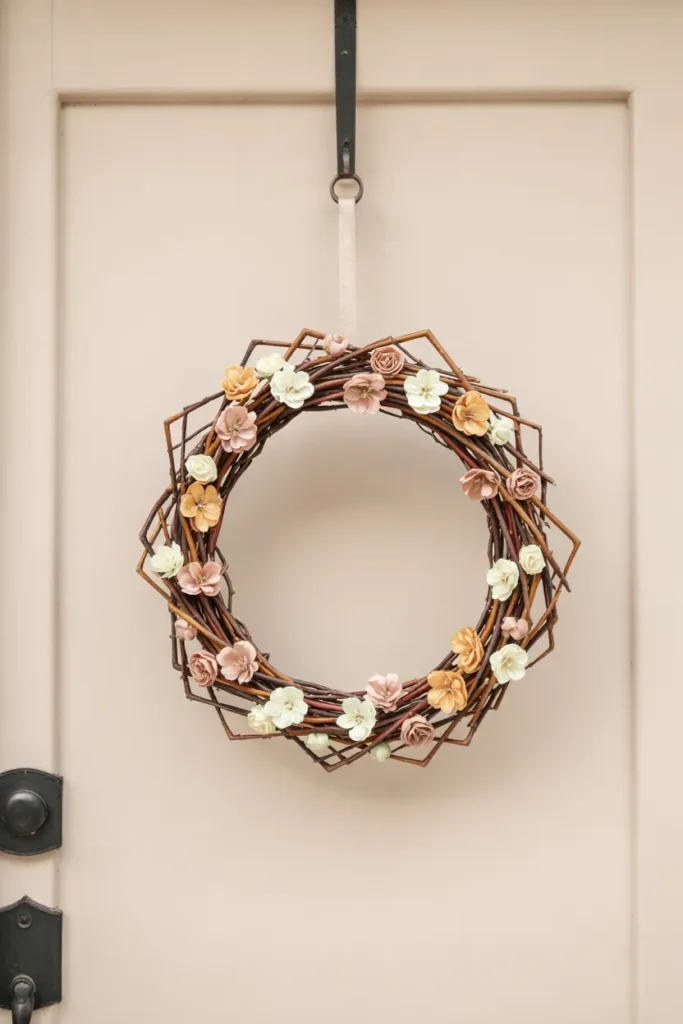 Modern geometric spring wreath made of natural twigs and soft blossoms hanging on a closed front door, styled in a cozy contemporary entrance.