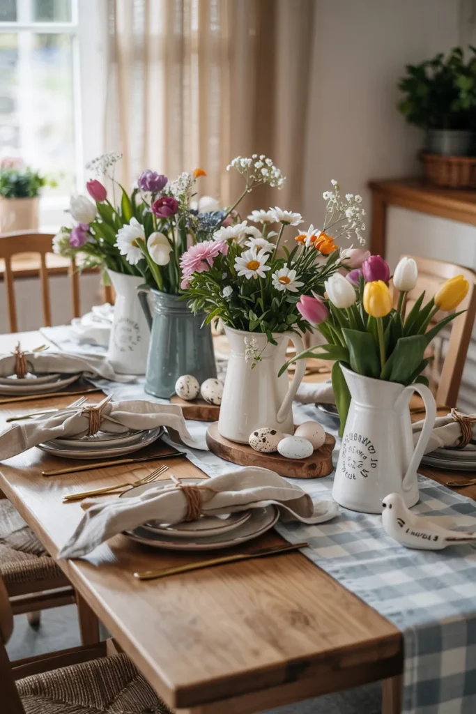Blue gingham spring tablescape with floral pitchers, speckled eggs, soft linen napkins, and countryside-inspired decor on a cozy farmhouse dining table.