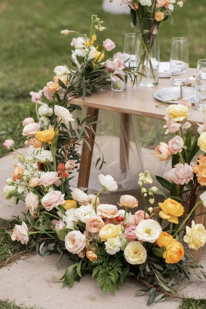 Low semi-circular spring floral arrangement framing an outdoor table, featuring soft pastel blooms and greenery in natural light.