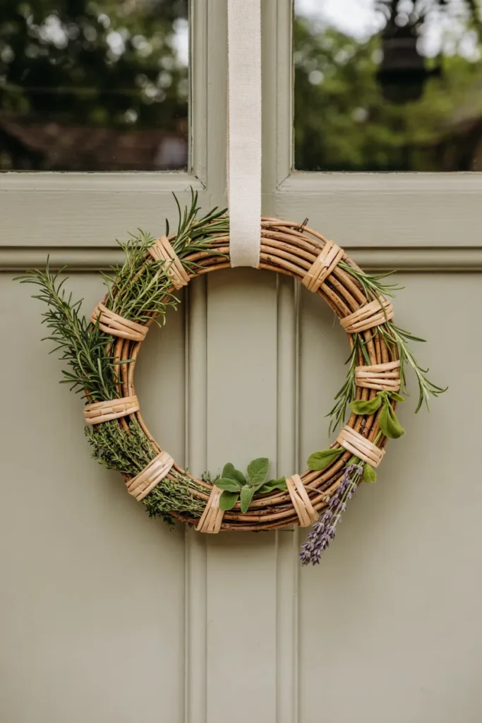 Spring wreath with woven rattan base and fresh herb accents hanging on a closed front door, styled in a cozy kitchen-garden inspired aesthetic.